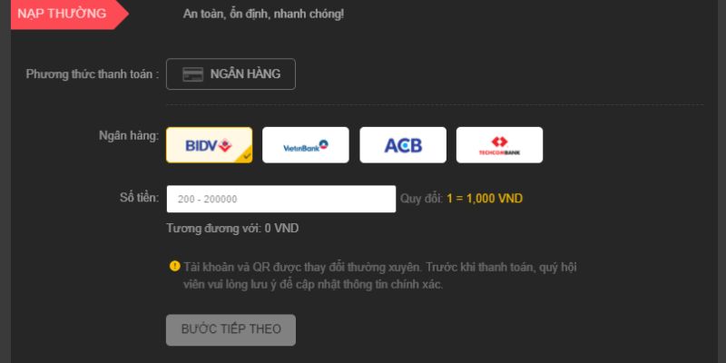 Giao diện nạp tiền 888b qua VN iBanking